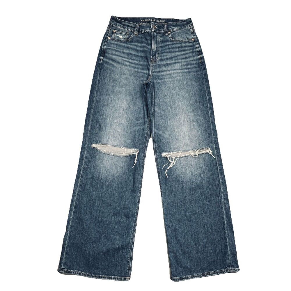 American Eagle Outfitters Blue Wide-Leg Distressed Jeans